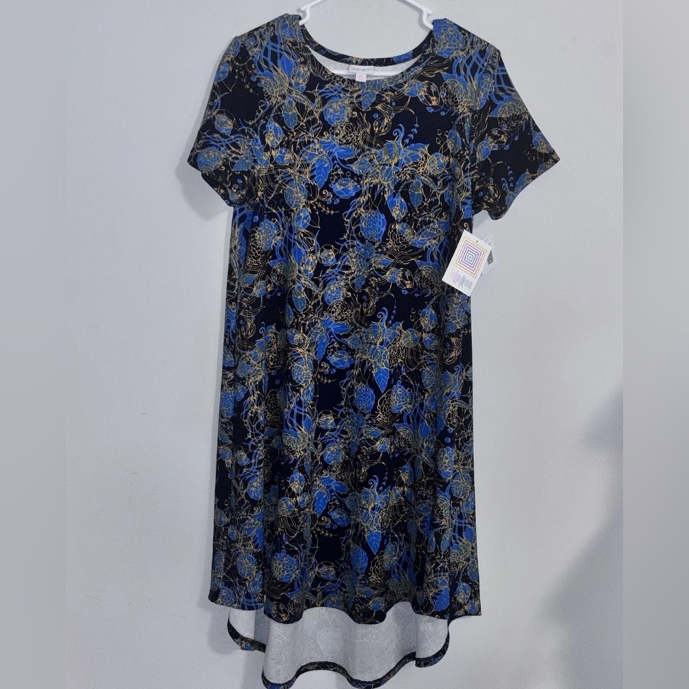 NWT- LulaRoe Amelia Navy Blue W Yellow Floral Pattern Short Sleeve Dress Size XS
